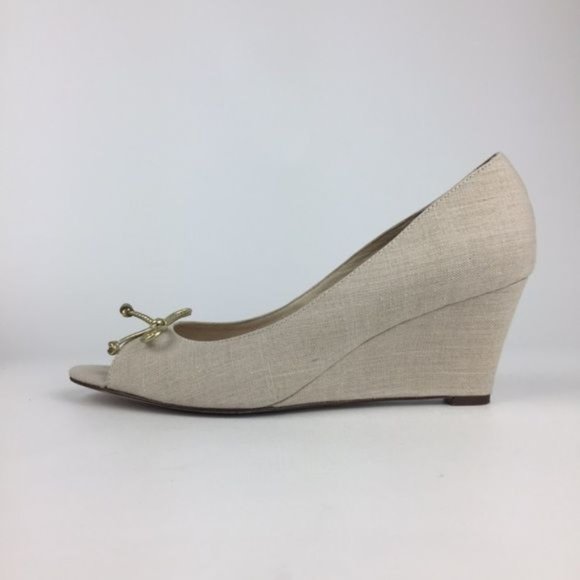 Kate Spade Womens Linen Peep Toe Wedge Heels Beige Cream Shoes Gold Bow size 10 - Picture 6 of 15